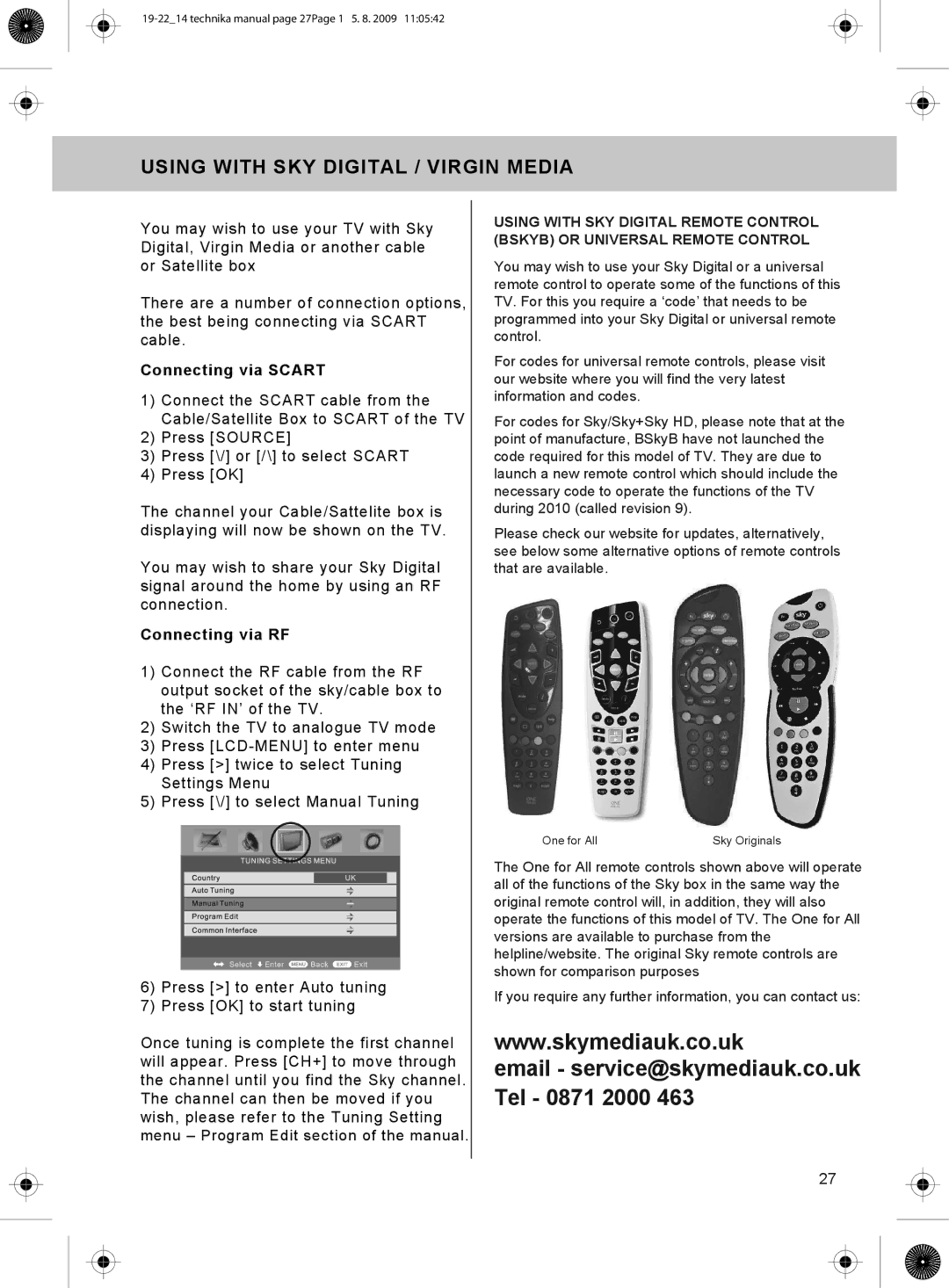 Technika 19-208W, 22-208W manual Using with SKY Digital / Virgin Media, Connecting via Scart, Connecting via RF 