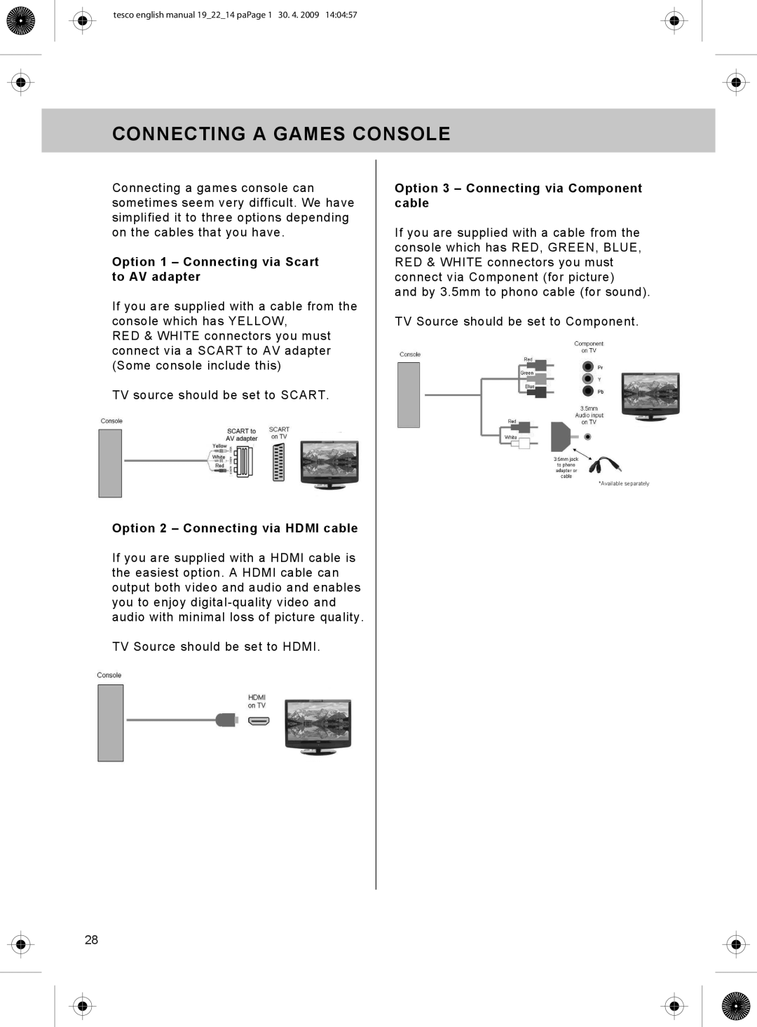 Technika 22-208W, 19-208W manual Connecting a Games Console, Option 1 Connecting via Scart to AV adapter 