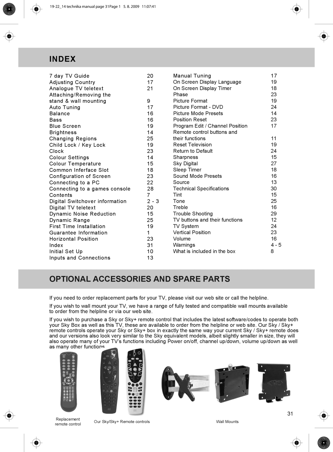 Technika 19-208W, 22-208W manual Index, Optional Accessories and Spare Parts 