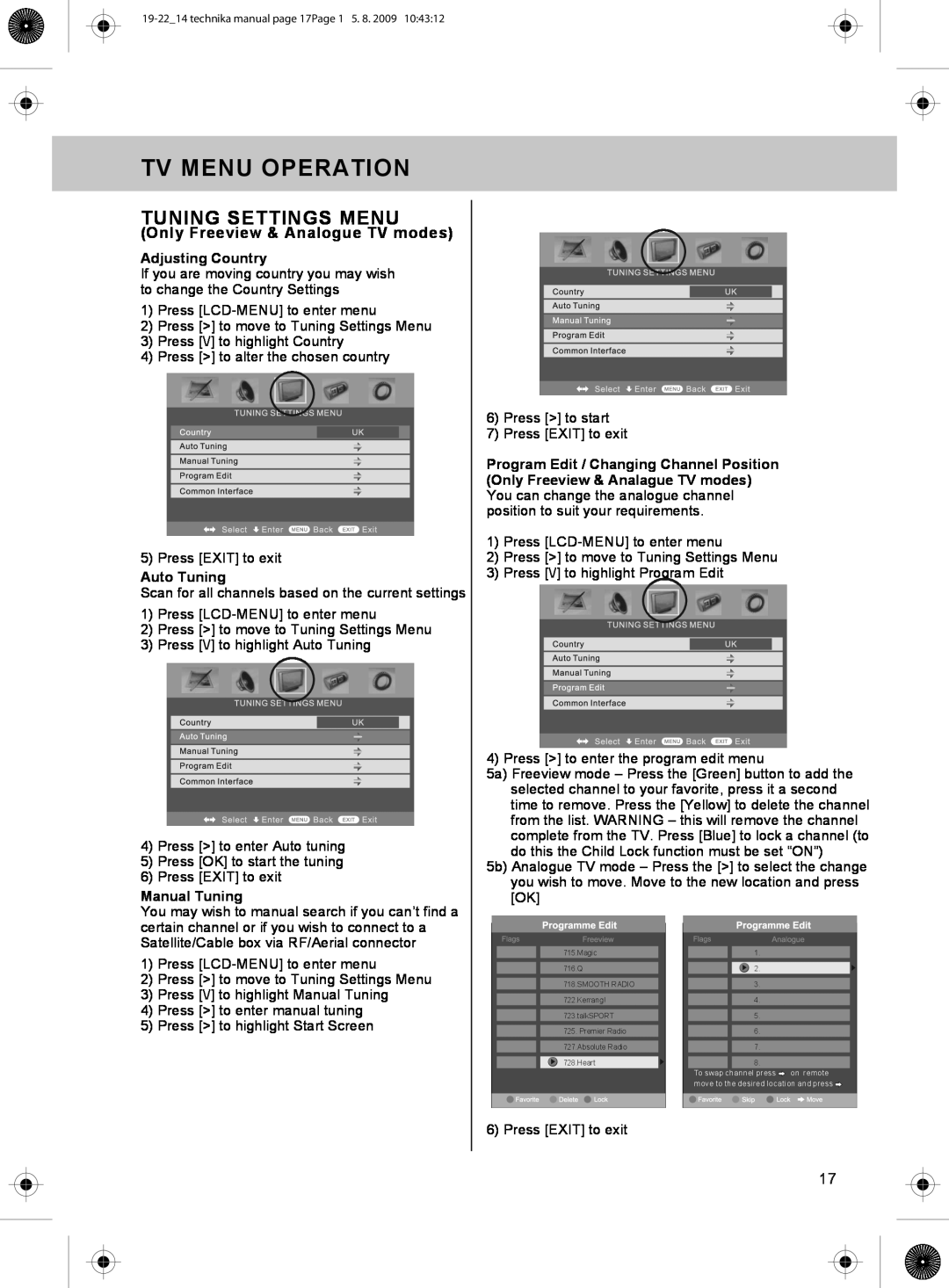 Technika 19-208 Tuning Settings Menu, Tv Menu Operation, Only Freeview & Analogue TV modes, Adjusting Country, Auto Tuning 