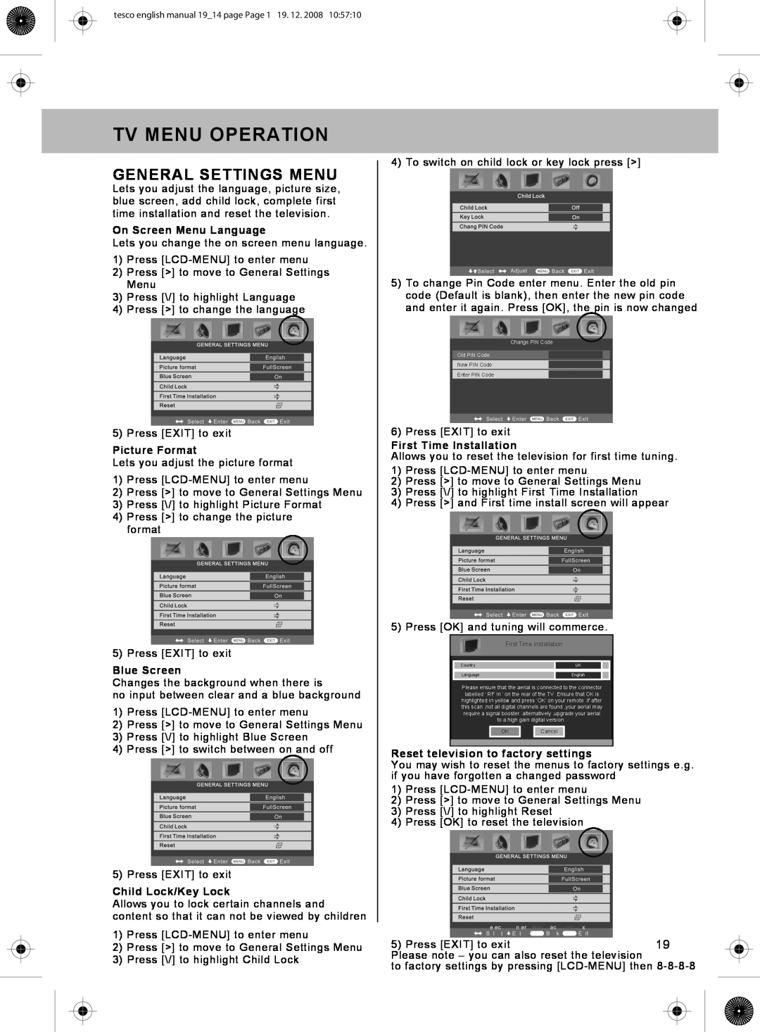 Technika 22-208, 19-208W General Settings Menu, Tv Menu Operation, On Screen Menu Language, Picture Format, Blue Screen 