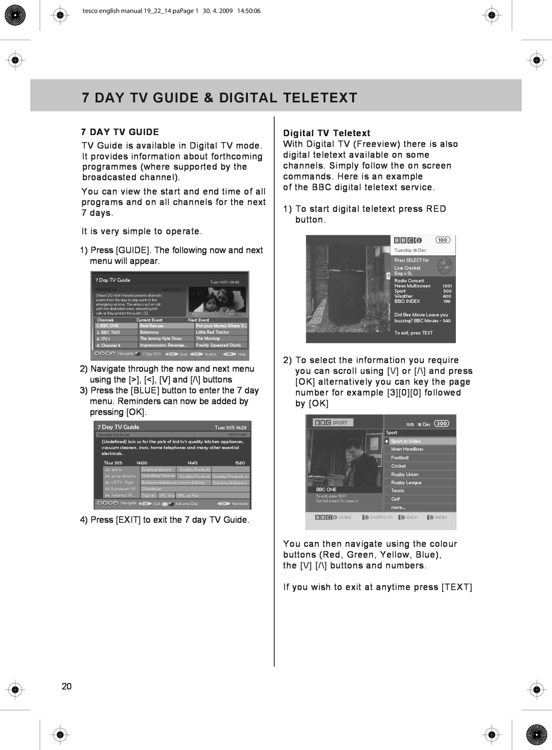 Technika 22-208W, 19-208W manual Day Tv Guide & Digital Teletext, Digital TV Teletext 
