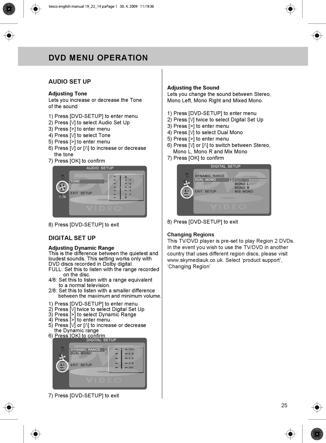 Technika 19-208W, 22-208 manual Dvd Menu Operation, Audio Set Up, Digital Set Up, Adjusting Tone, Adjusting Dynamic Range 