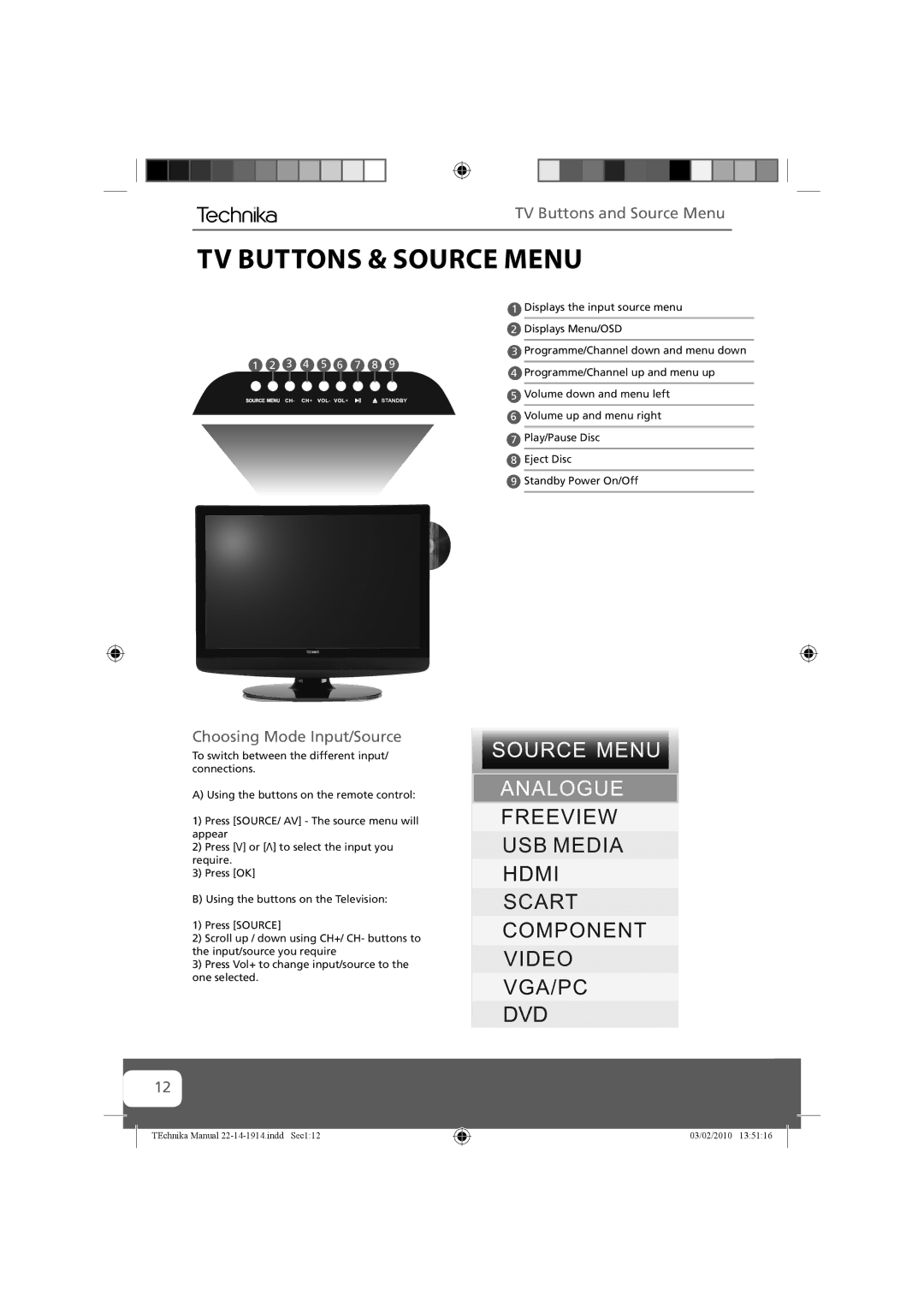 Technika 19-208WE, 22-208WE, 19-208E manual TV Buttons & Source Menu, TV Buttons and Source Menu, Choosing Mode Input/Source 