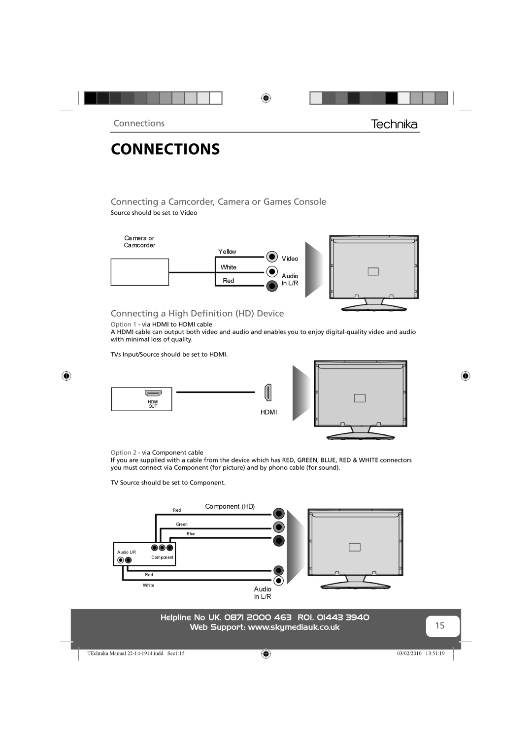 Technika 22-208E, 19-208WE, 22-208WE Connecting a Camcorder, Camera or Games Console, Connecting a High Deﬁnition HD Device 