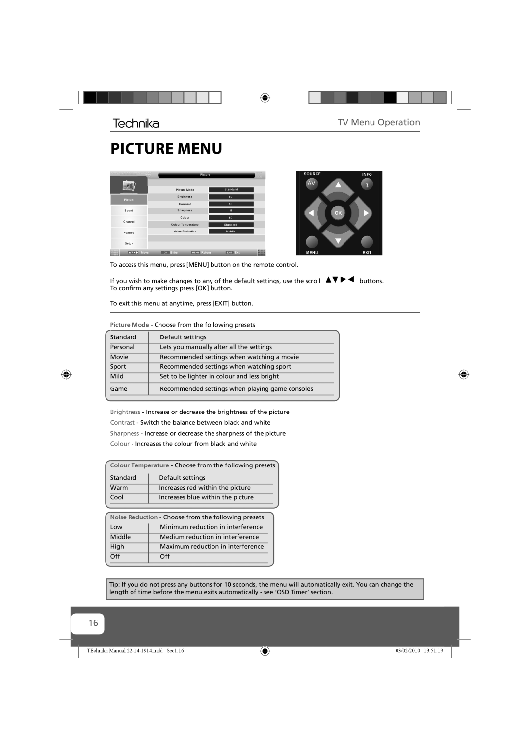 Technika 19-208WE, 22-208WE, 19-208E, 22-208E manual Picture Menu, TV Menu Operation 