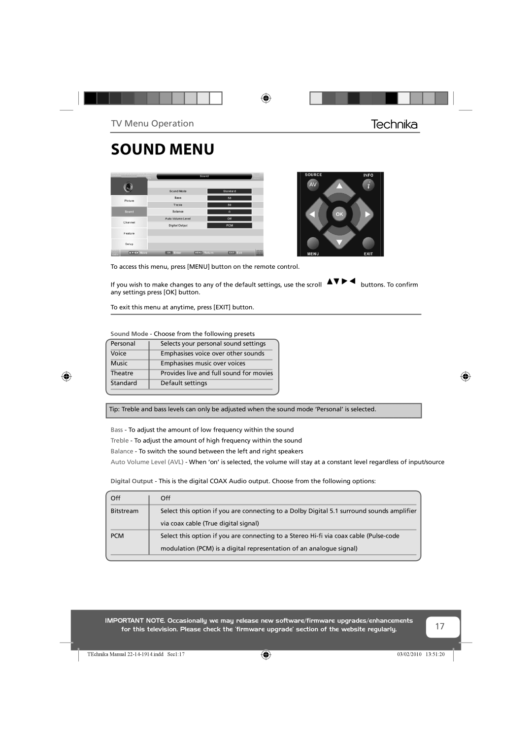 Technika 22-208WE, 19-208WE, 19-208E, 22-208E manual Sound Menu, Pcm 