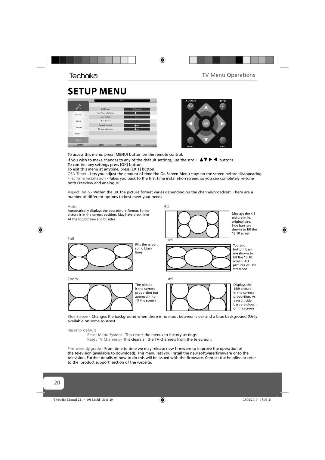 Technika 19-208WE, 22-208WE, 19-208E, 22-208E manual Setup Menu, TV Menu Operations 