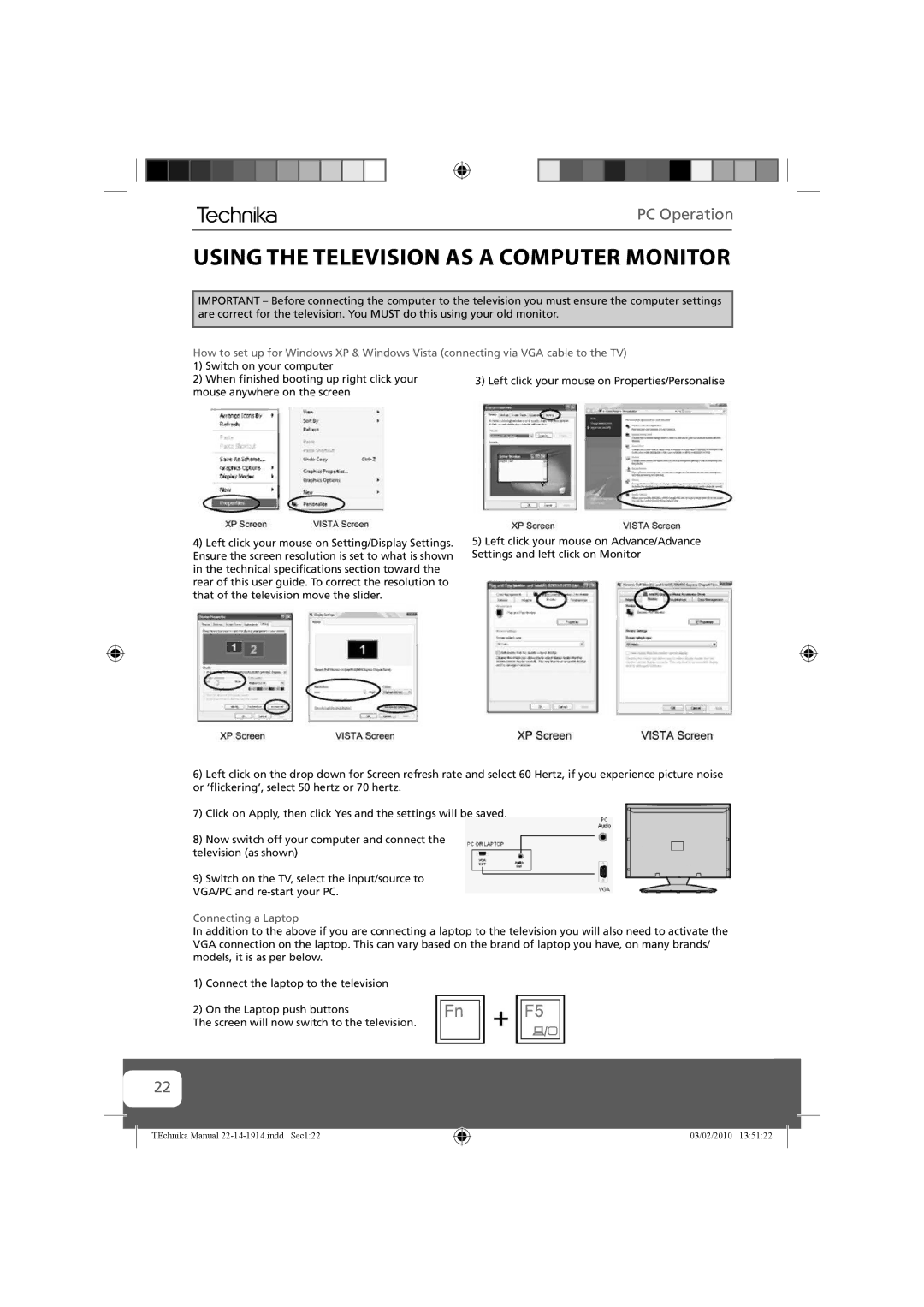 Technika 19-208E, 19-208WE, 22-208WE, 22-208E manual Using the Television AS a Computer Monitor, PC Operation 