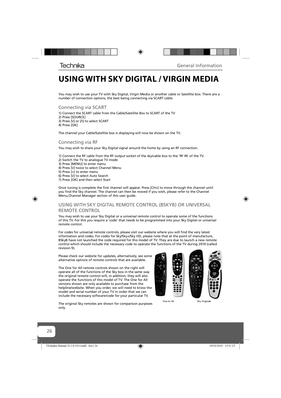 Technika 19-208E manual Using with SKY Digital / Virgin Media, General Information, Connecting via Scart, Connecting via RF 