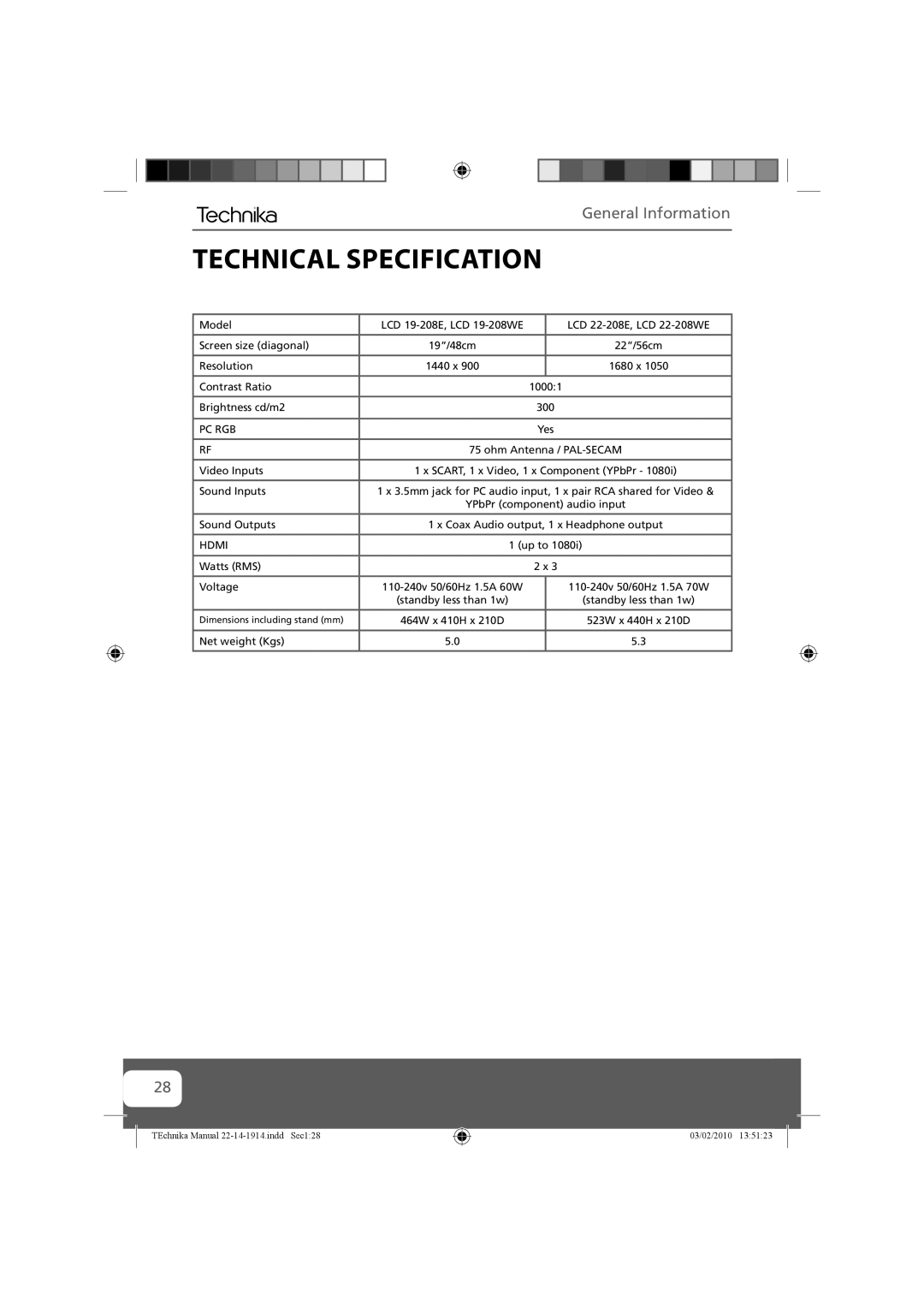 Technika 19-208WE, 22-208WE, 19-208E, 22-208E manual Technical Specification, Pc Rgb 