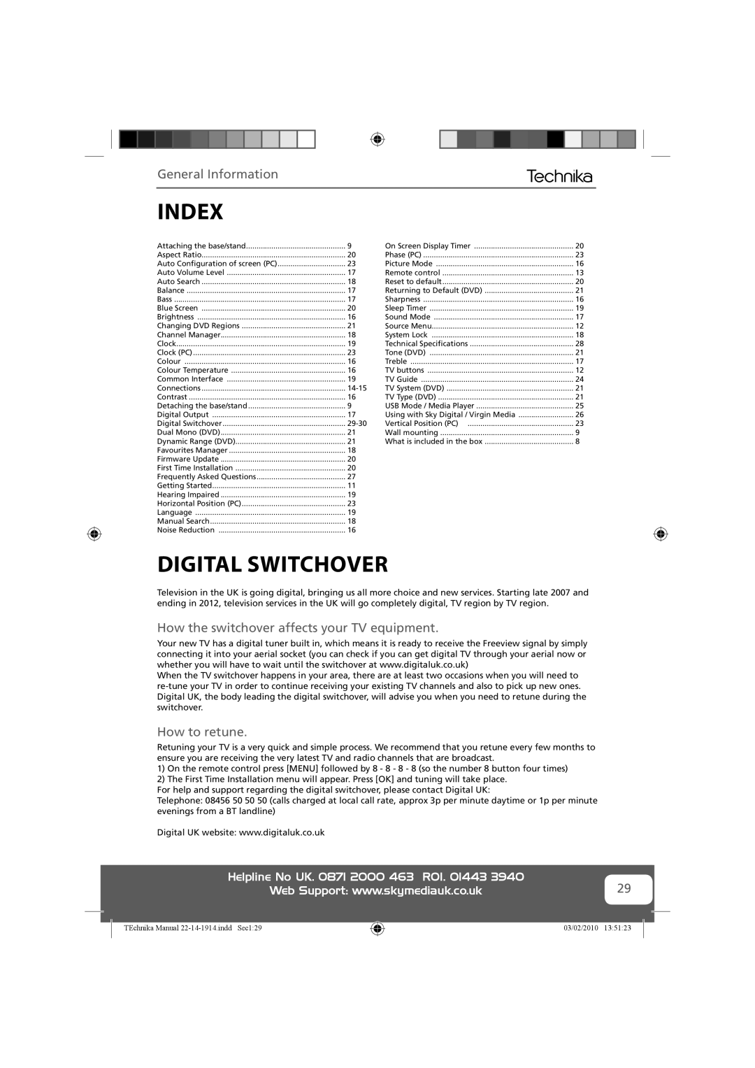 Technika 22-208WE, 19-208WE, 19-208E Index, Digital Switchover, How the switchover affects your TV equipment, How to retune 