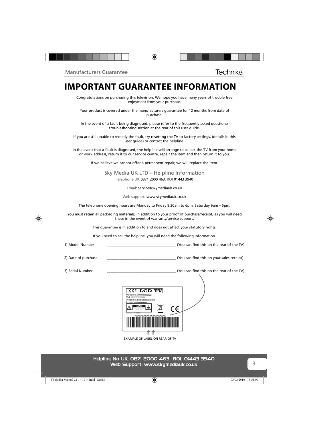 Technika 22-208E, 19-208WE, 22-208WE, 19-208E manual Important Guarantee Information, Manufacturers Guarantee 