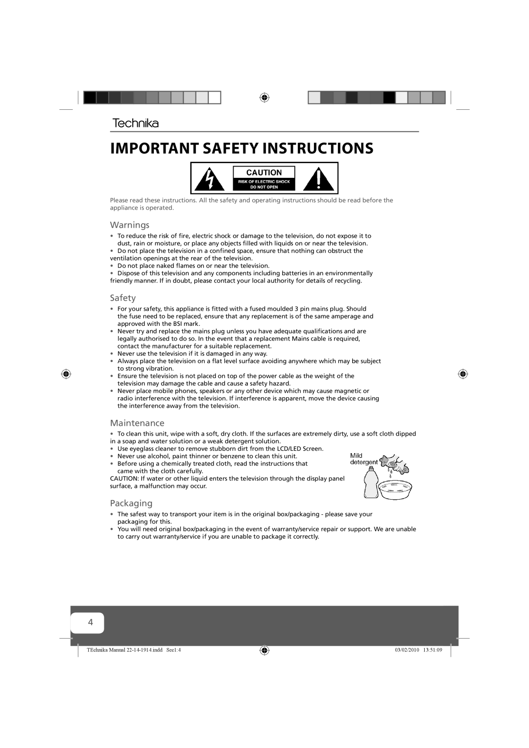 Technika 19-208WE, 22-208WE, 19-208E, 22-208E manual Important Safety Instructions, Maintenance, Packaging 