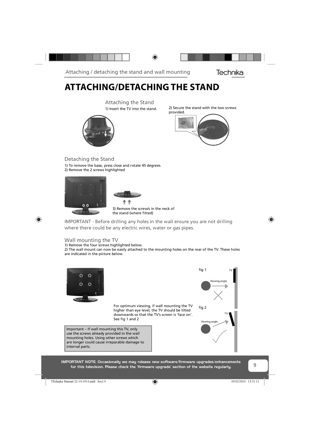 Technika 22-208WE ATTACHING/DETACHING the Stand, Attaching / detaching the stand and wall mounting, Attaching the Stand 