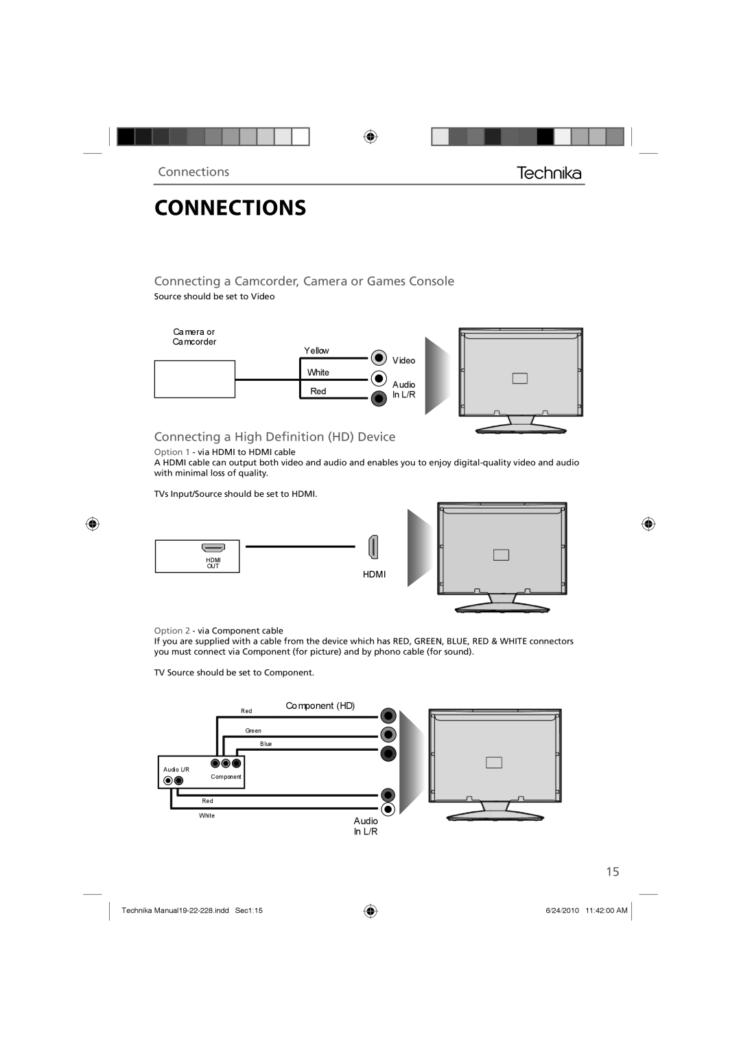 Technika 22-228, 19-228 manual Connecting a Camcorder, Camera or Games Console, Connecting a High Deﬁnition HD Device 