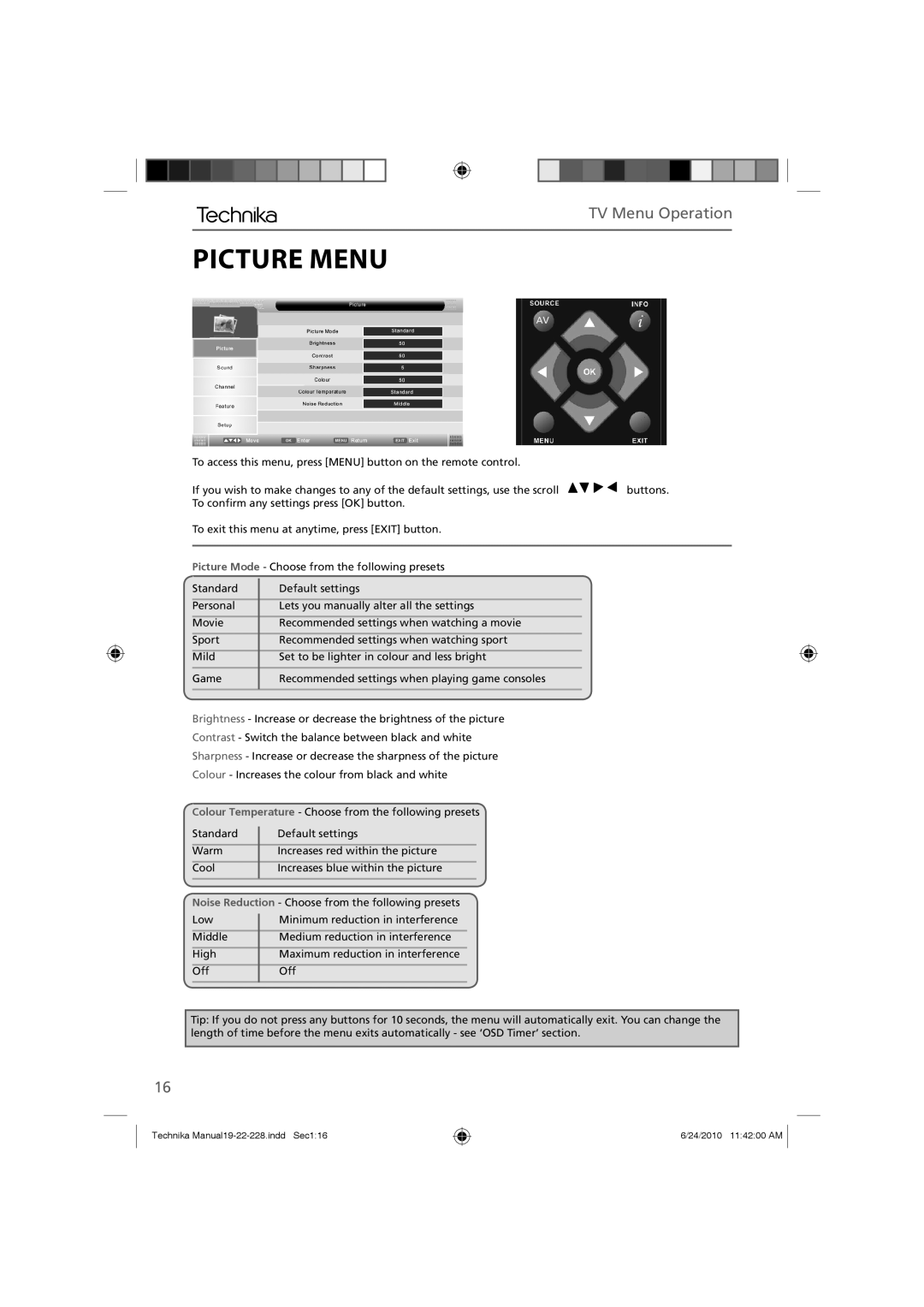 Technika 19-228, 22-228 manual Picture Menu, TV Menu Operation 