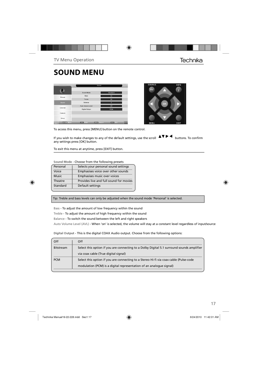 Technika 22-228, 19-228 manual Sound Menu, Pcm 