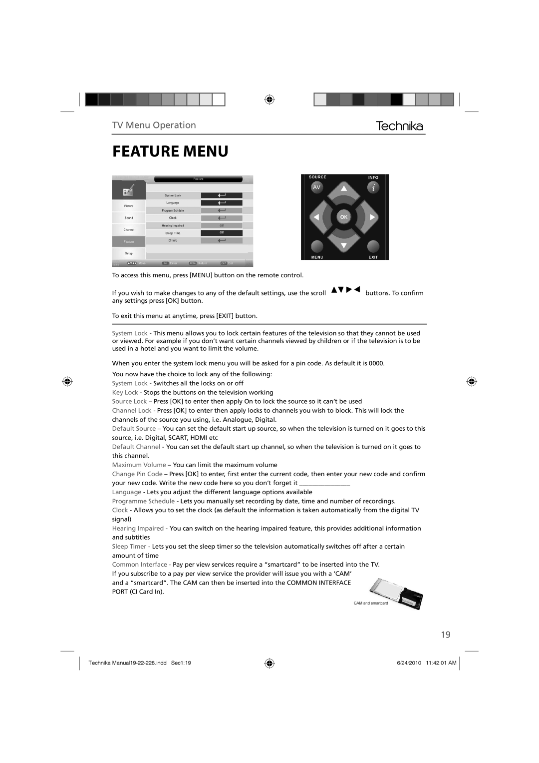 Technika 22-228, 19-228 manual Feature Menu 