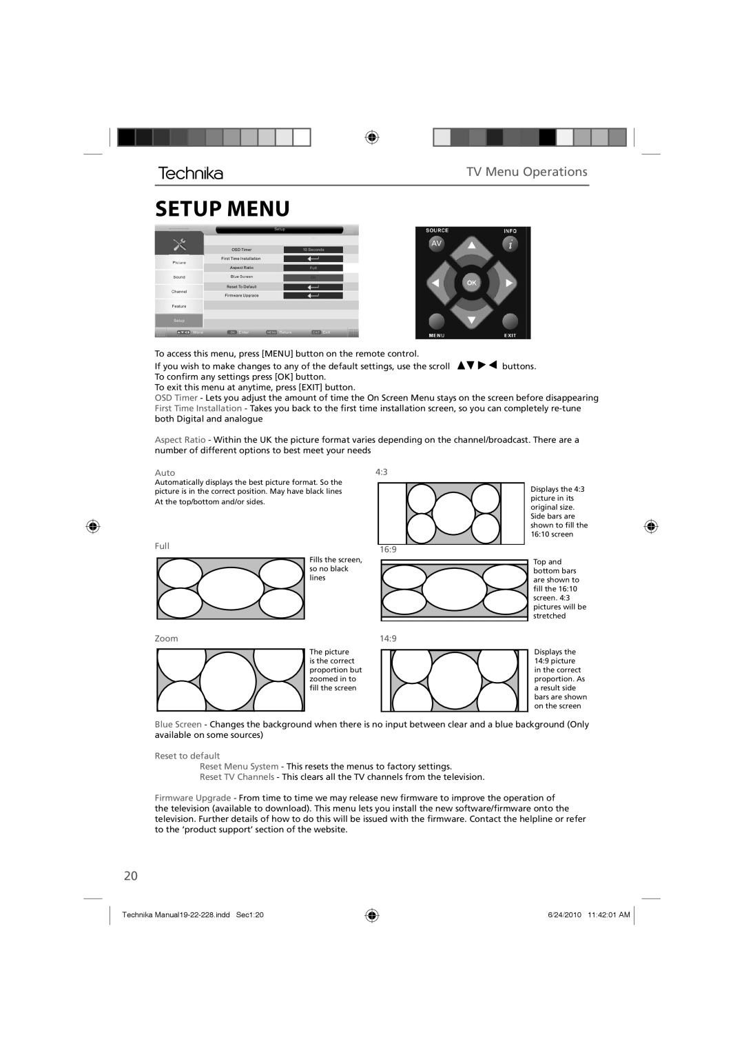 Technika 19-228, 22-228 manual Setup Menu, TV Menu Operations 