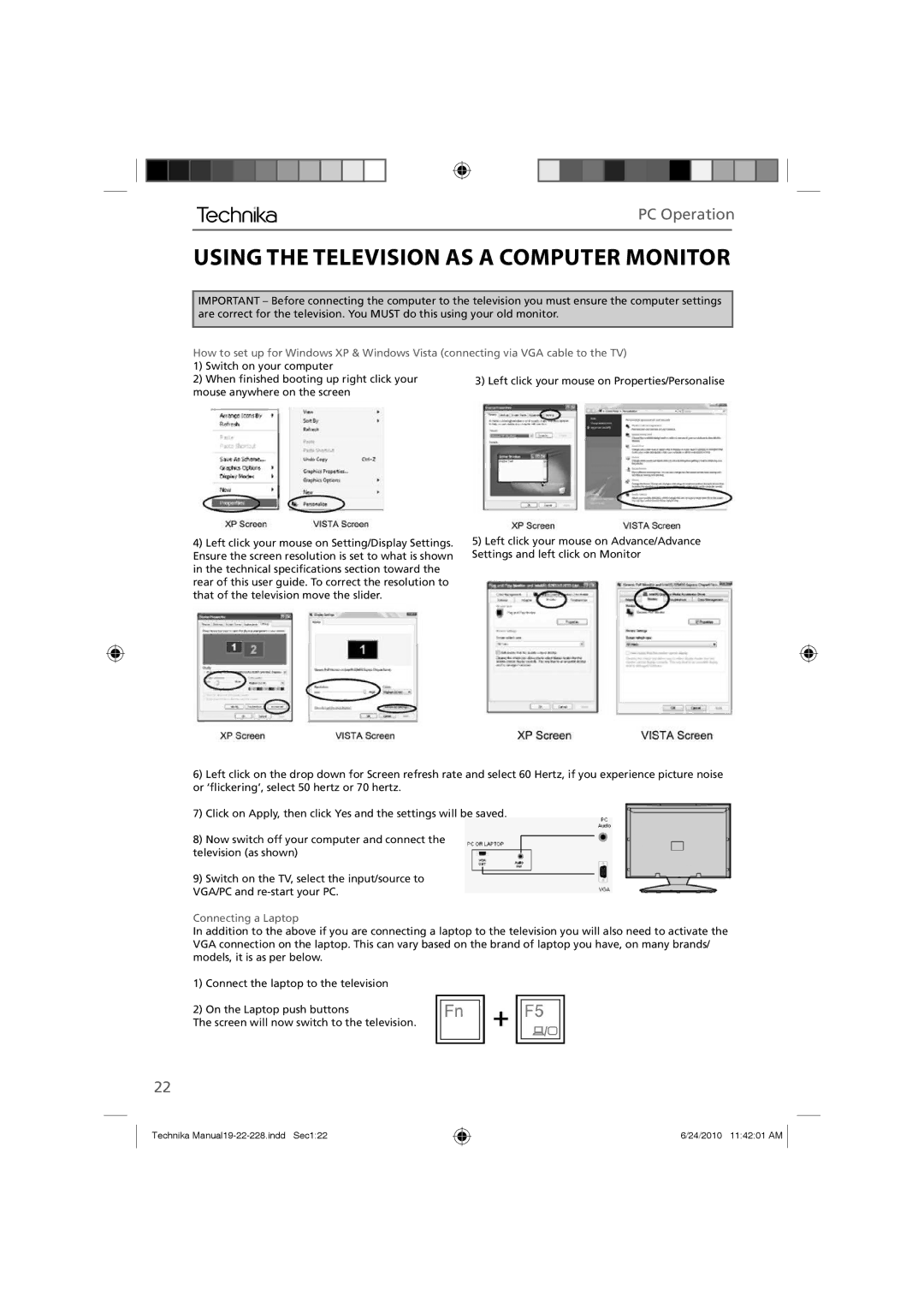 Technika 19-228, 22-228 manual Using the Television AS a Computer Monitor, PC Operation 