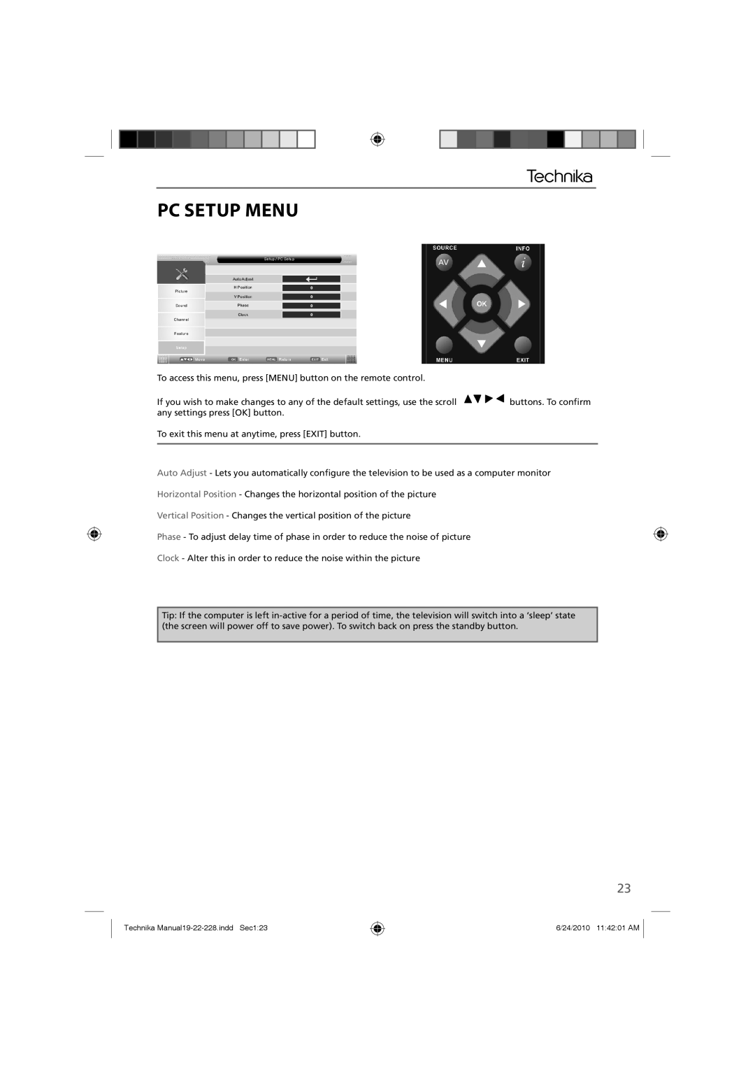 Technika 22-228, 19-228 manual PC Setup Menu 