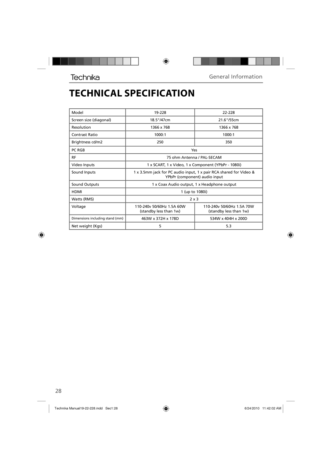 Technika 19-228, 22-228 manual Technical Specification, Pc Rgb 