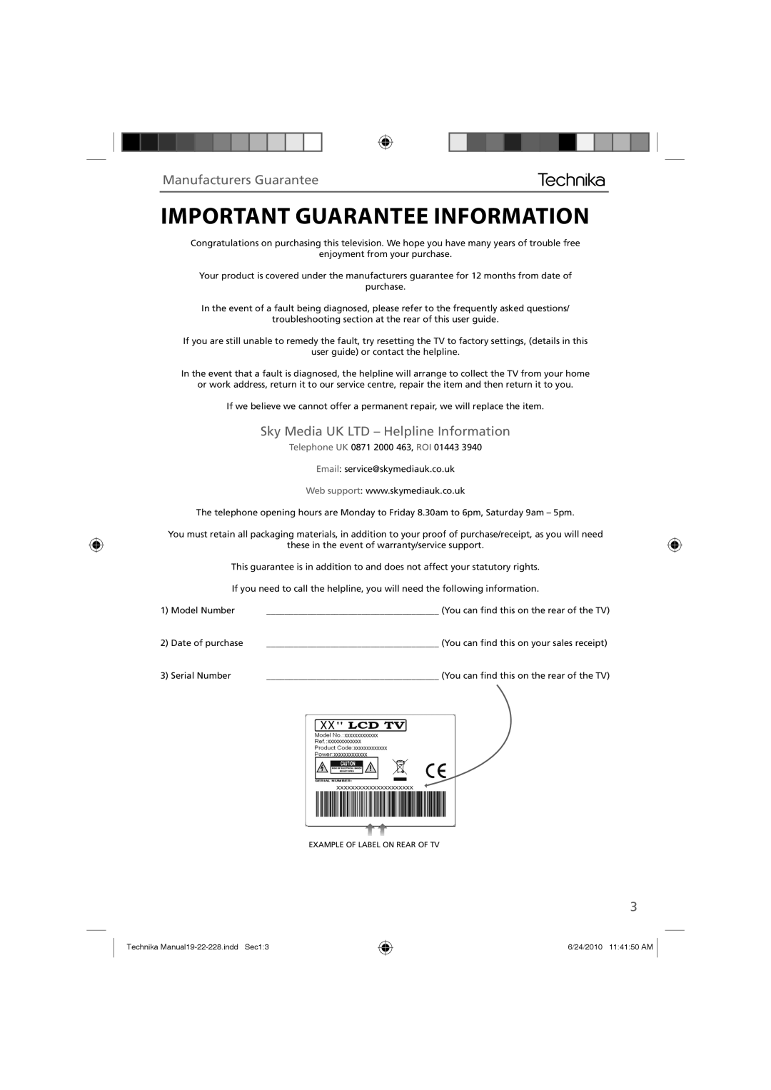 Technika 22-228, 19-228 manual Important Guarantee Information, Manufacturers Guarantee 