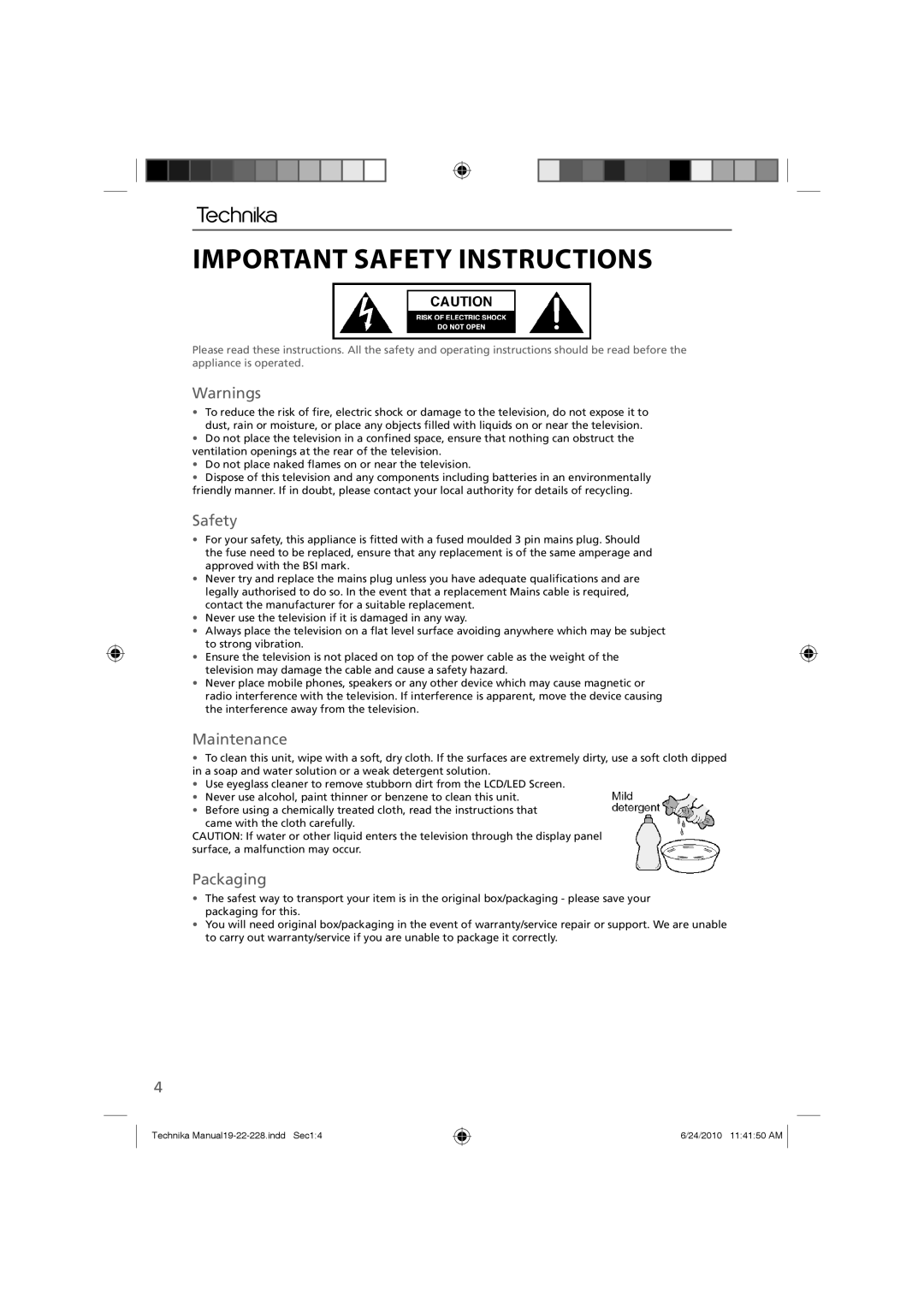 Technika 19-228, 22-228 manual Important Safety Instructions, Maintenance, Packaging 