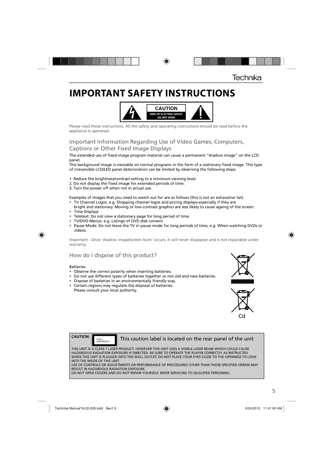 Technika 22-228, 19-228 How do I dispose of this product?, This caution label is located on the rear panel of the unit 