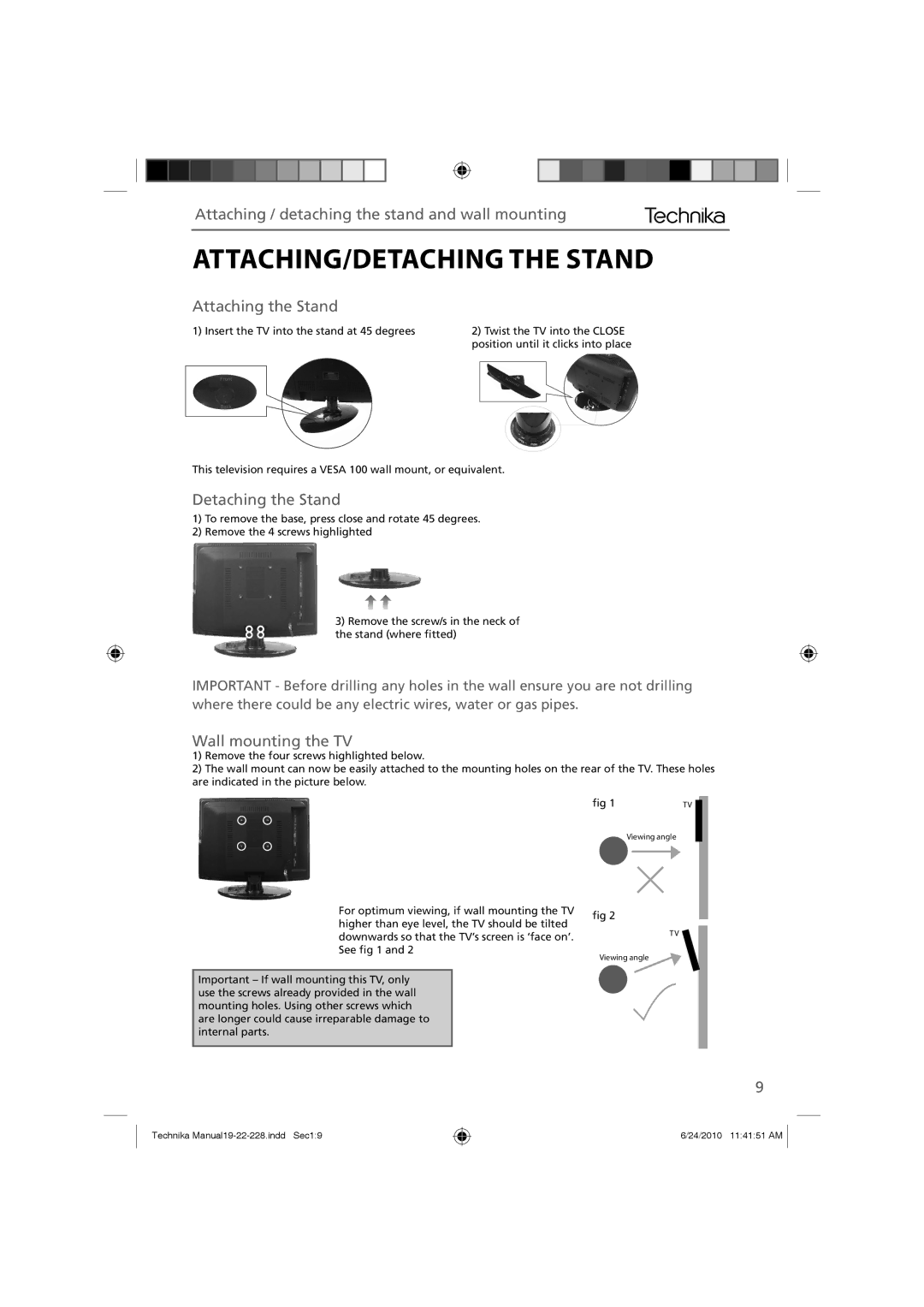 Technika 22-228 ATTACHING/DETACHING the Stand, Attaching / detaching the stand and wall mounting, Attaching the Stand 