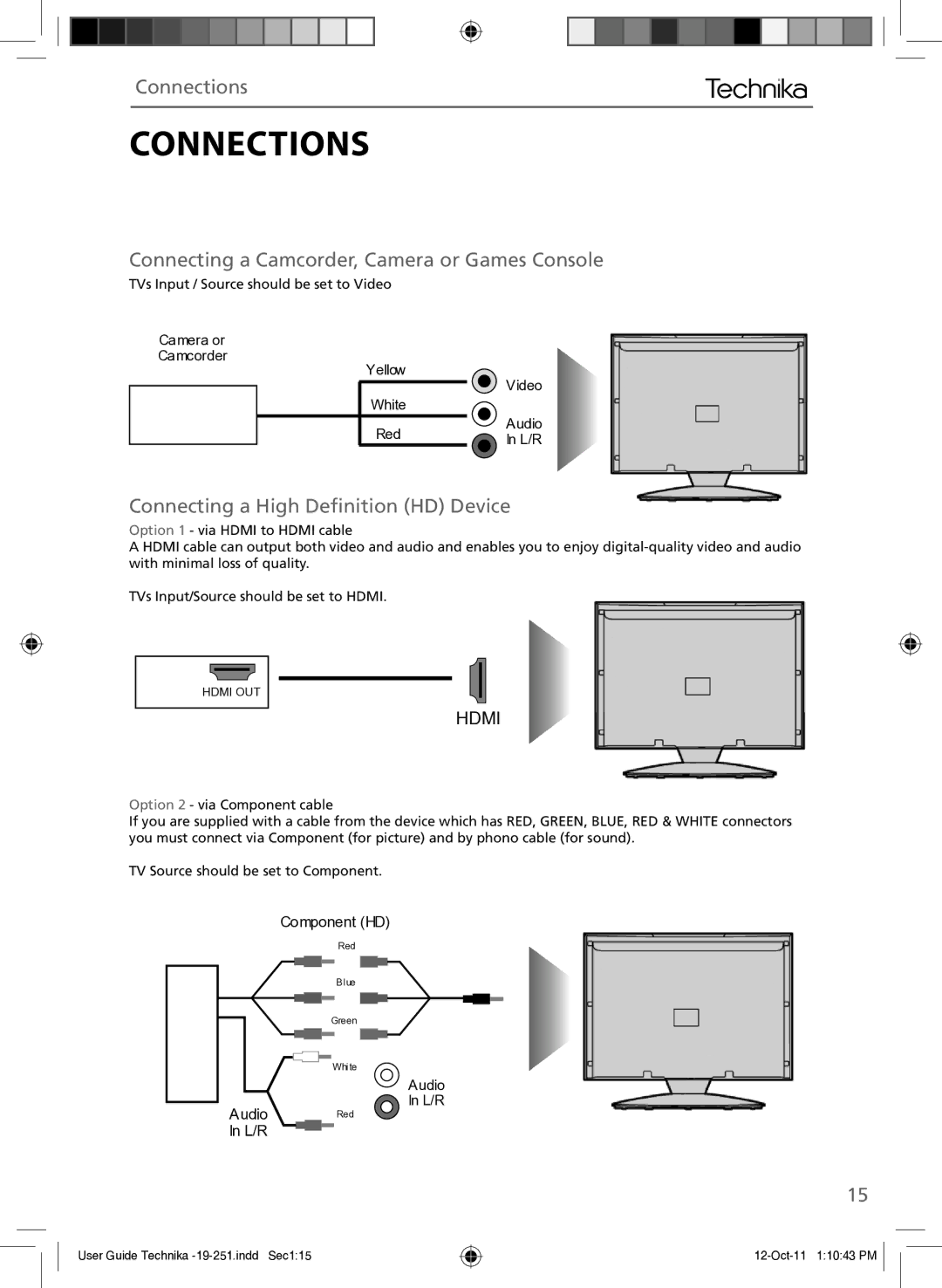 Technika 19-251 manual Connecting a Camcorder, Camera or Games Console, Connecting a High Deﬁnition HD Device 