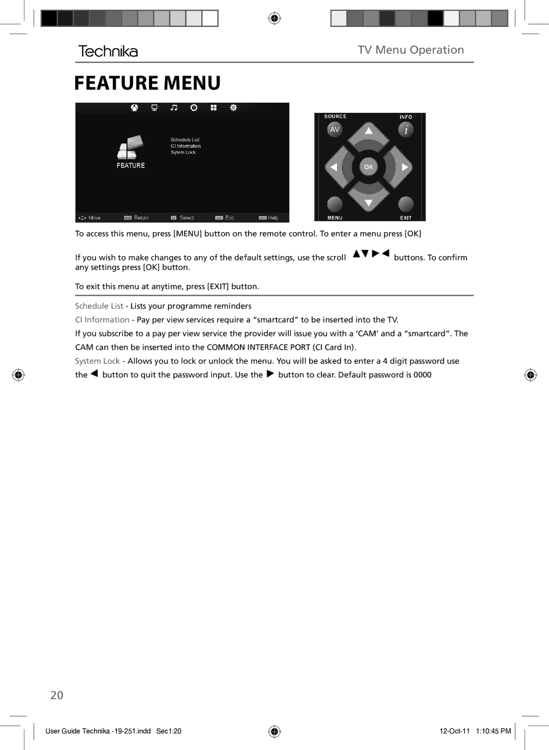 Technika 19-251 manual Feature Menu 