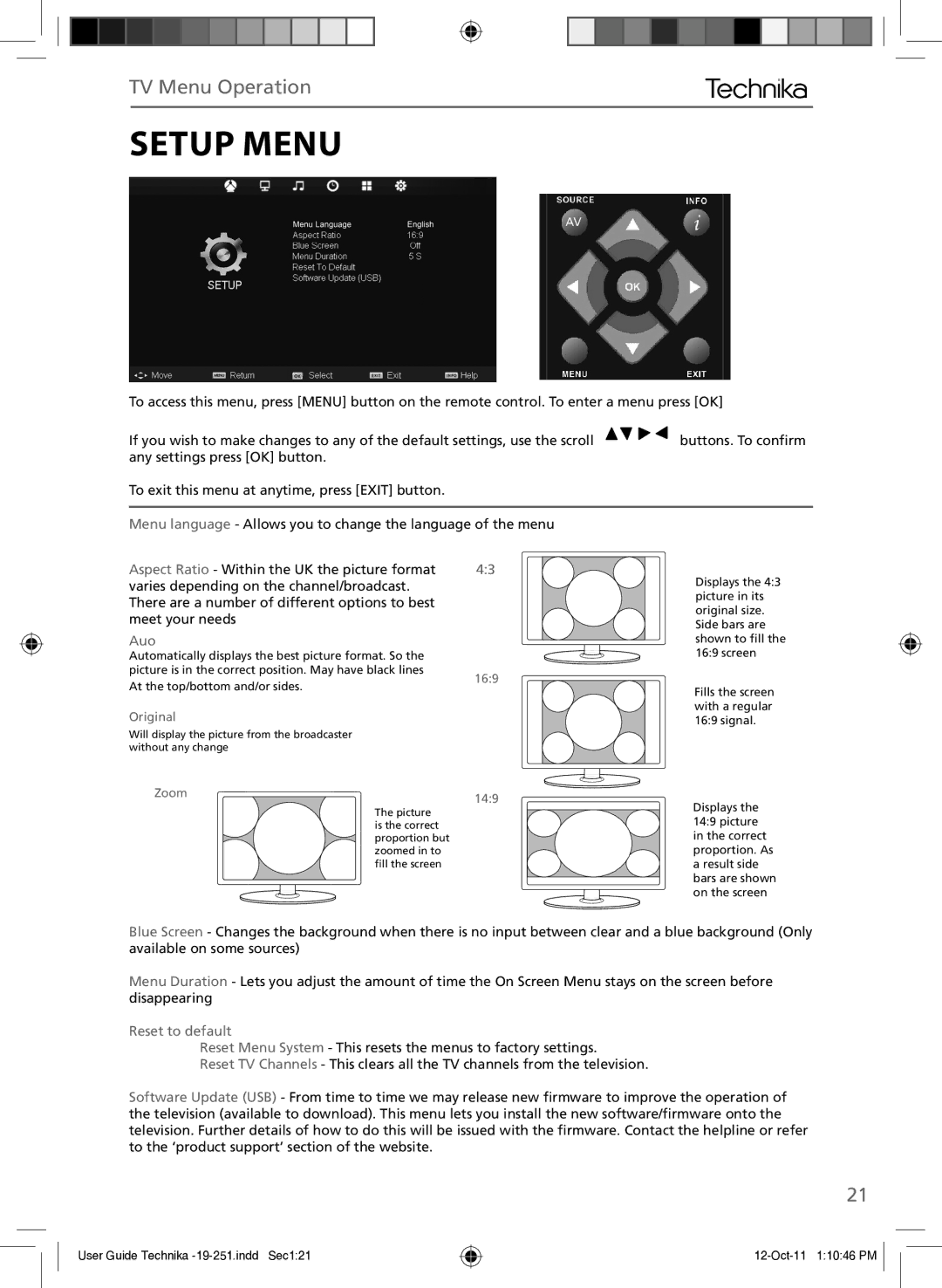 Technika 19-251 manual Setup Menu, Aspect Ratio Within the UK the picture format 