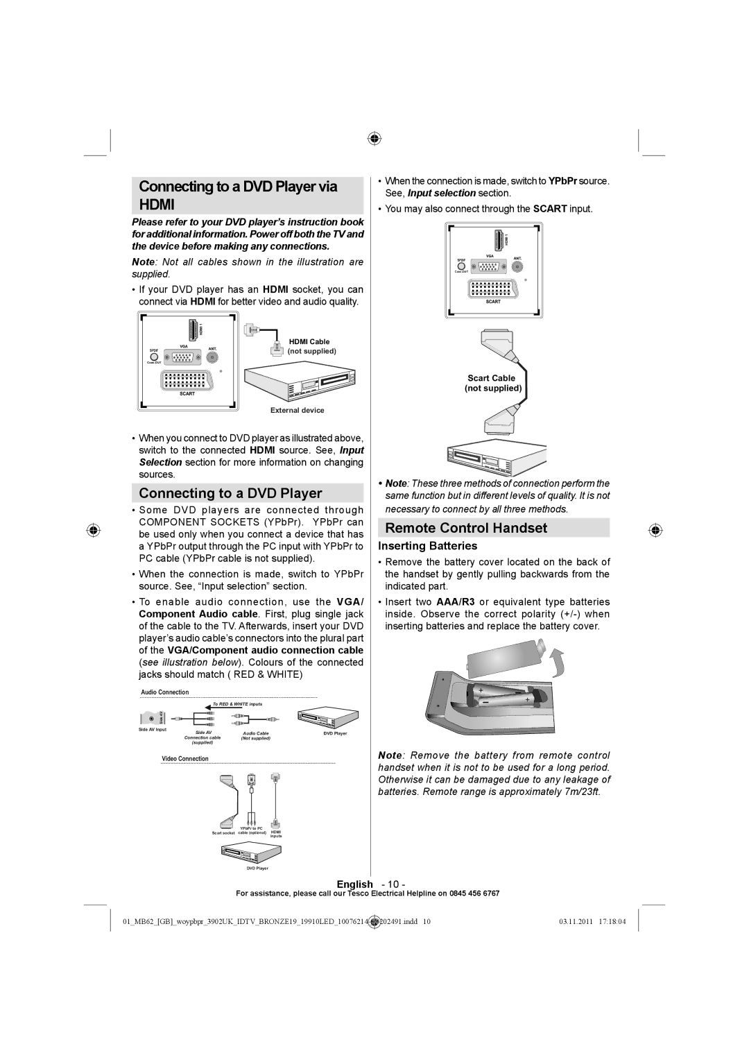 Technika 19-811 manual Connecting to a DVD Player via, Remote Control Handset, Inserting Batteries 