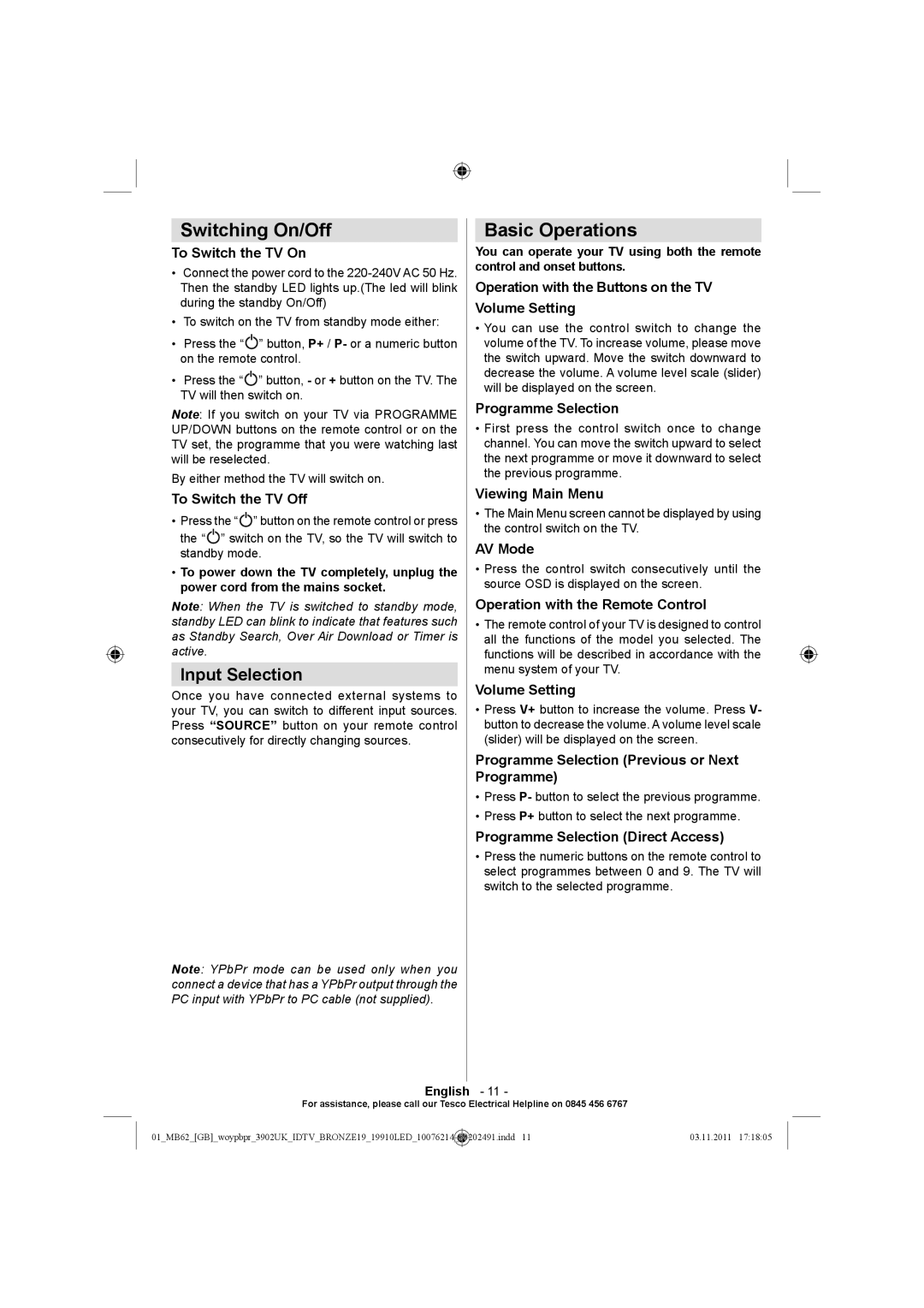 Technika 19-811 manual Switching On/Off, Basic Operations, Input Selection 