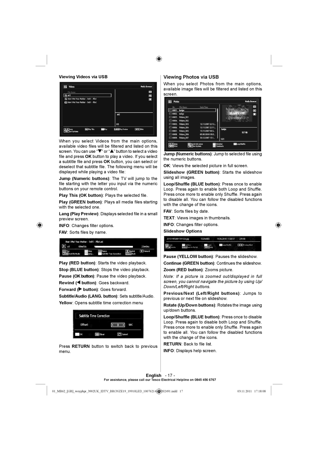 Technika 19-811 manual Viewing Photos via USB, Viewing Videos via USB, Slideshow Options 