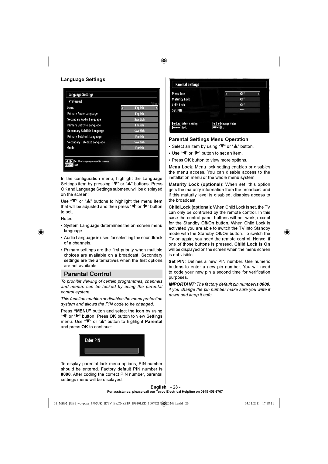 Technika 19-811 manual Parental Control, Language Settings, Parental Settings Menu Operation 