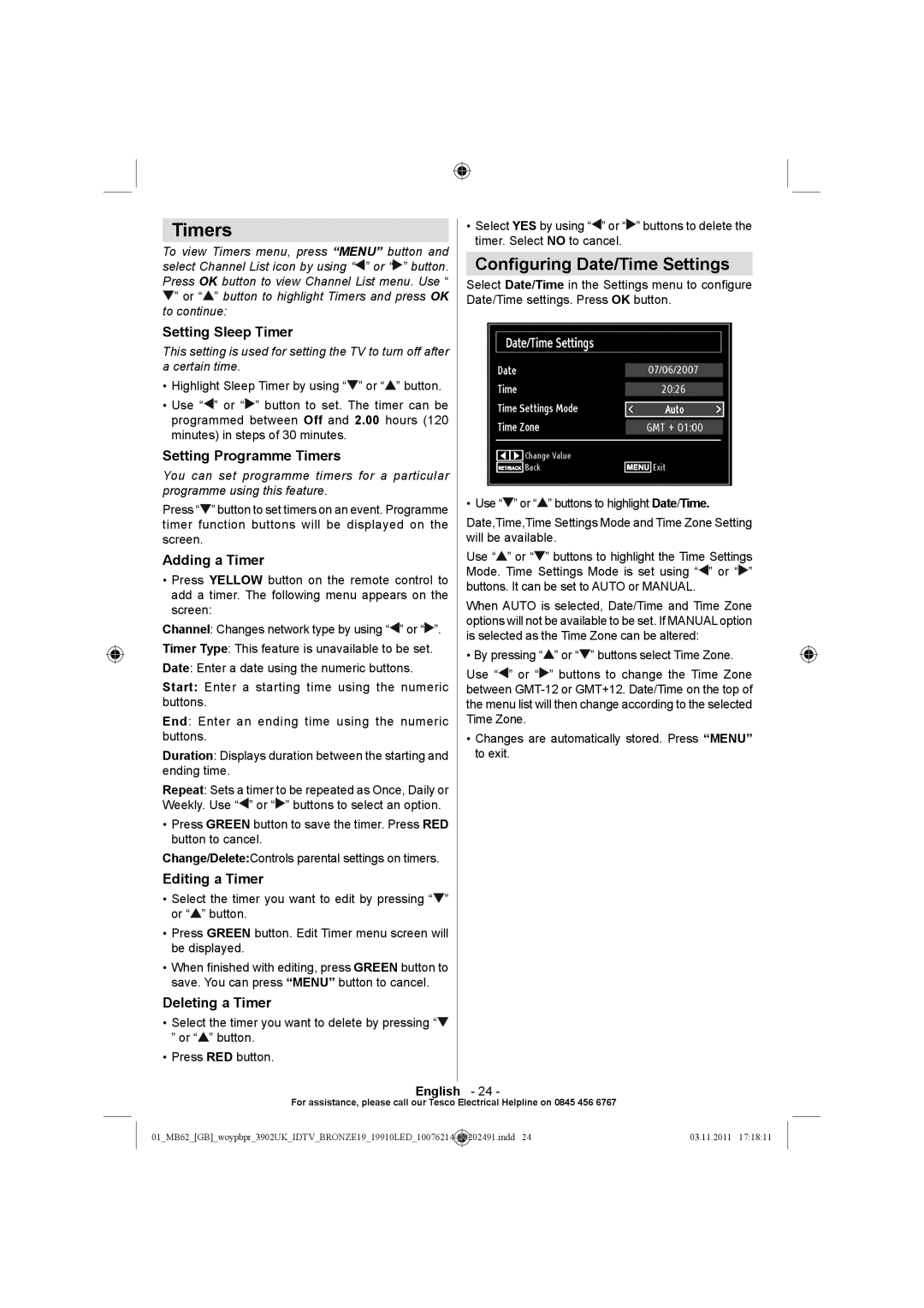 Technika 19-811 manual Timers, Conﬁguring Date/Time Settings 