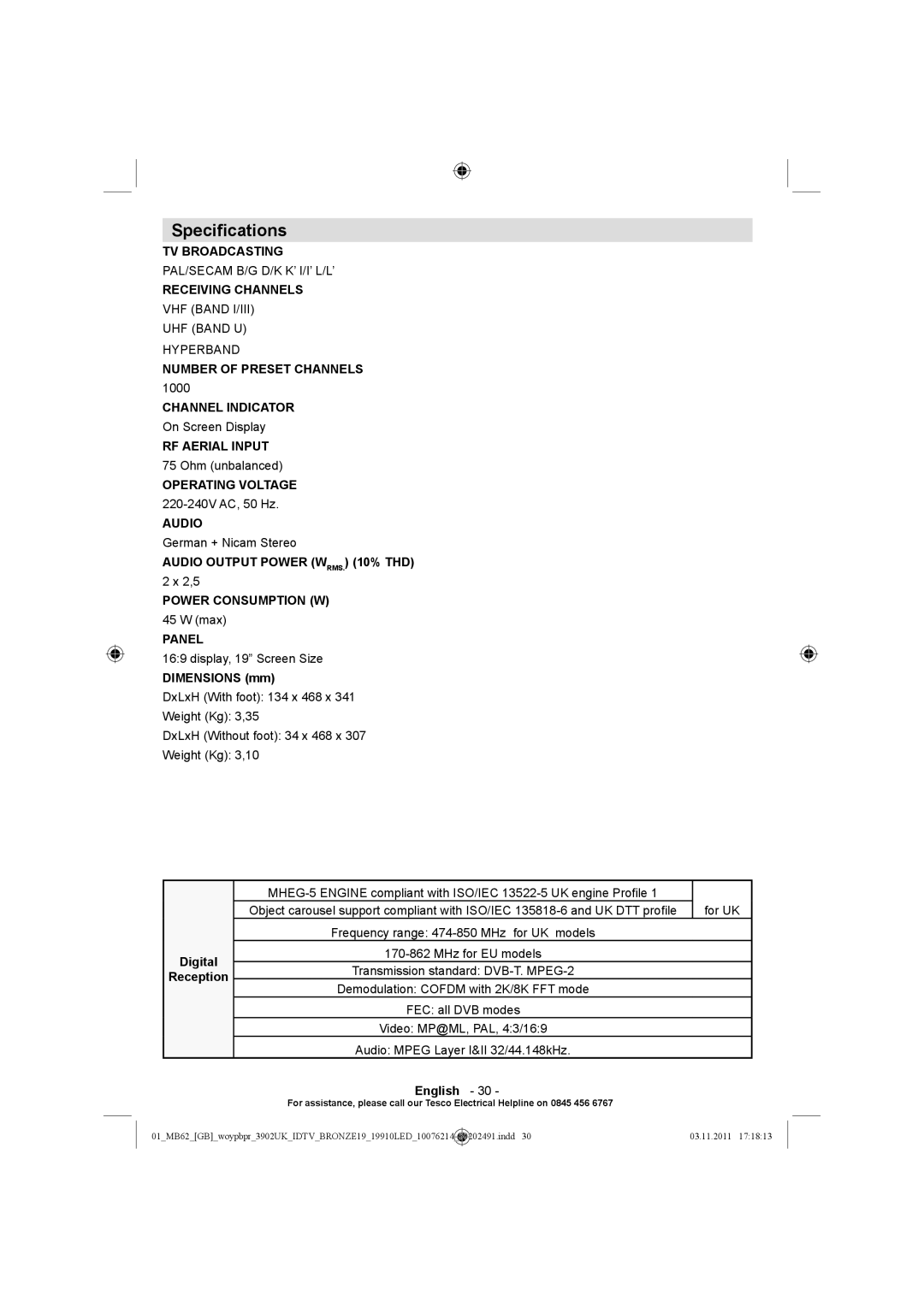 Technika 19-811 manual Speciﬁcations, Dimensions mm, Digital Reception 