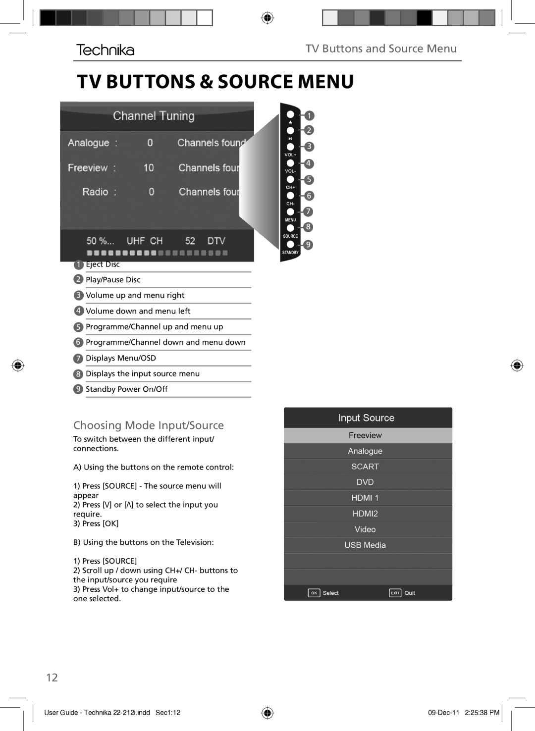 Technika 22-212i manual TV Buttons & Source Menu, TV Buttons and Source Menu, Choosing Mode Input/Source 