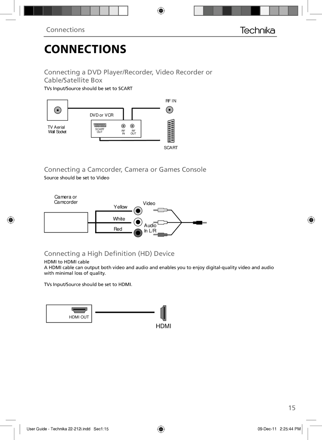 Technika 22-212i manual Connecting a Camcorder, Camera or Games Console, Connecting a High Deﬁnition HD Device 