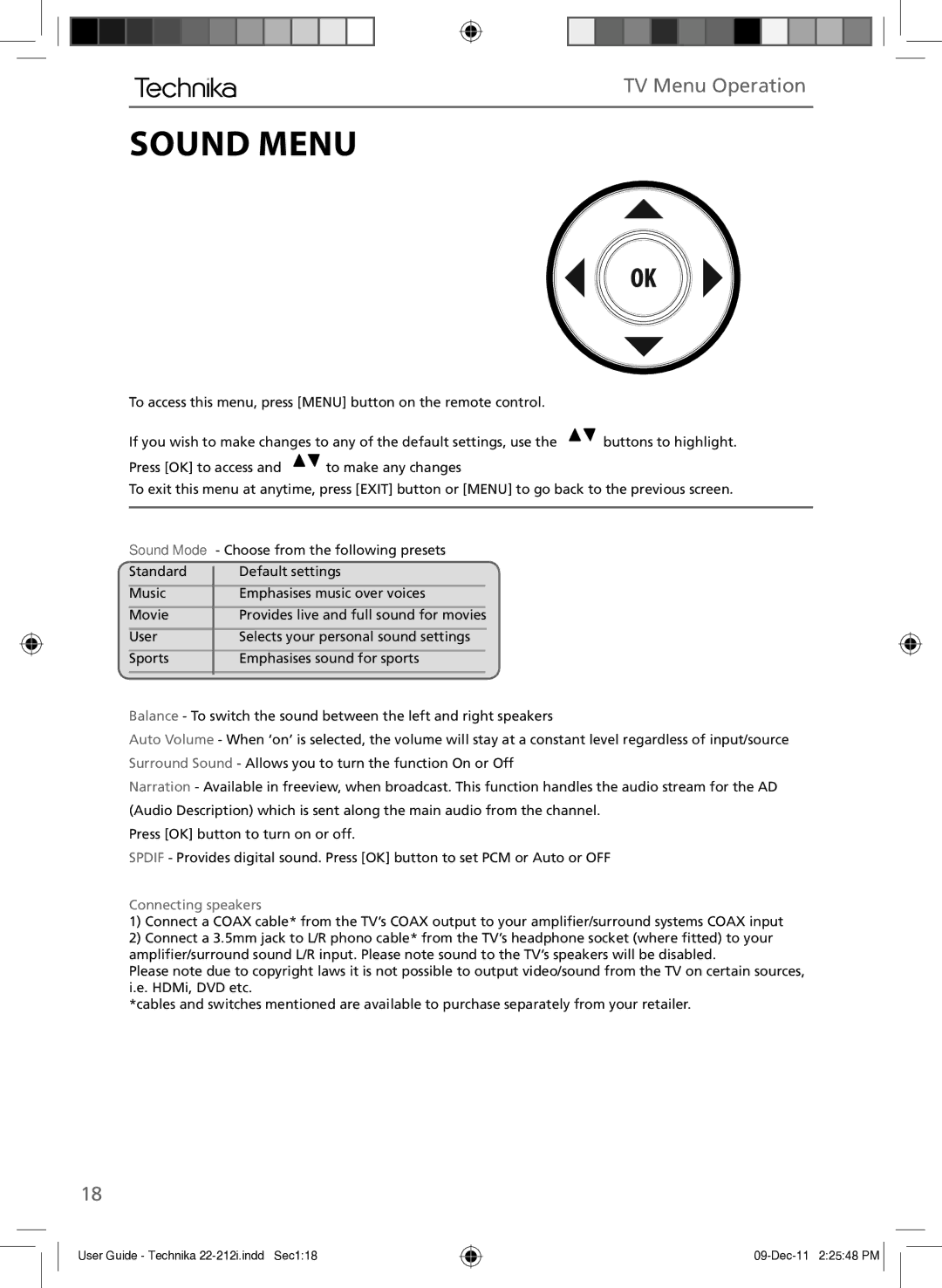 Technika 22-212i manual Sound Menu, Connecting speakers 