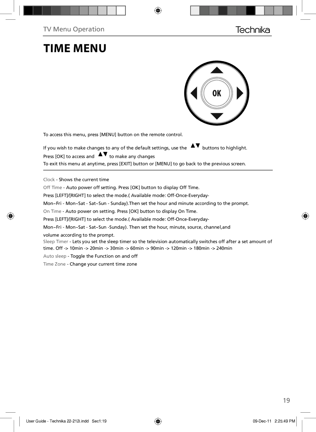 Technika 22-212i manual Time Menu 