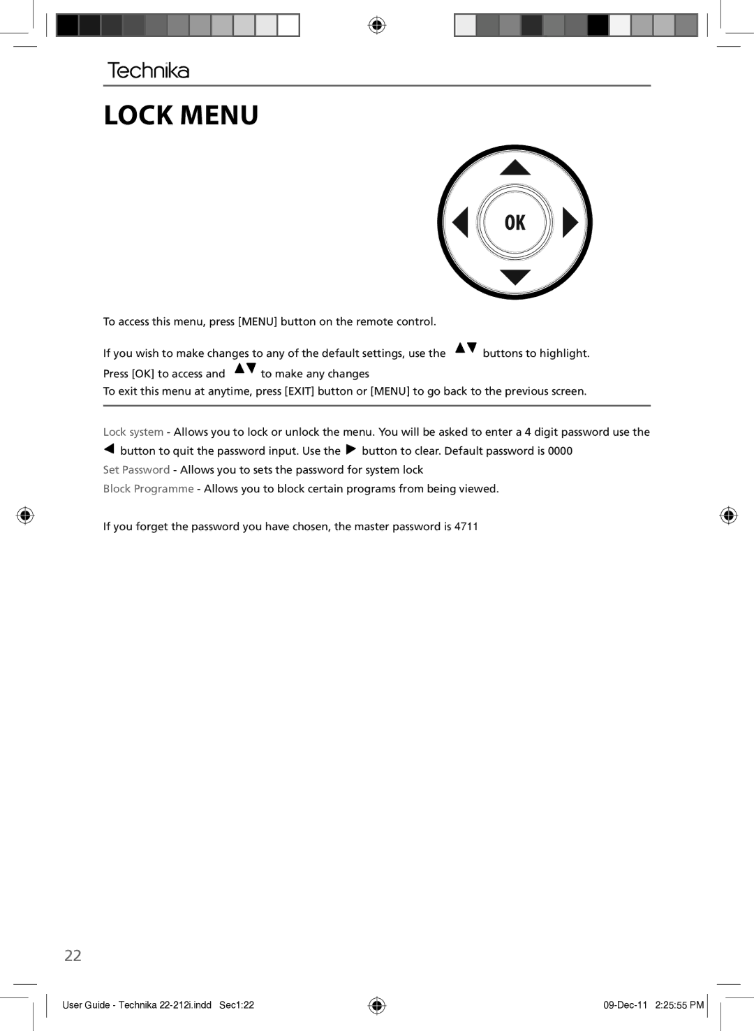 Technika 22-212i manual Lock Menu 