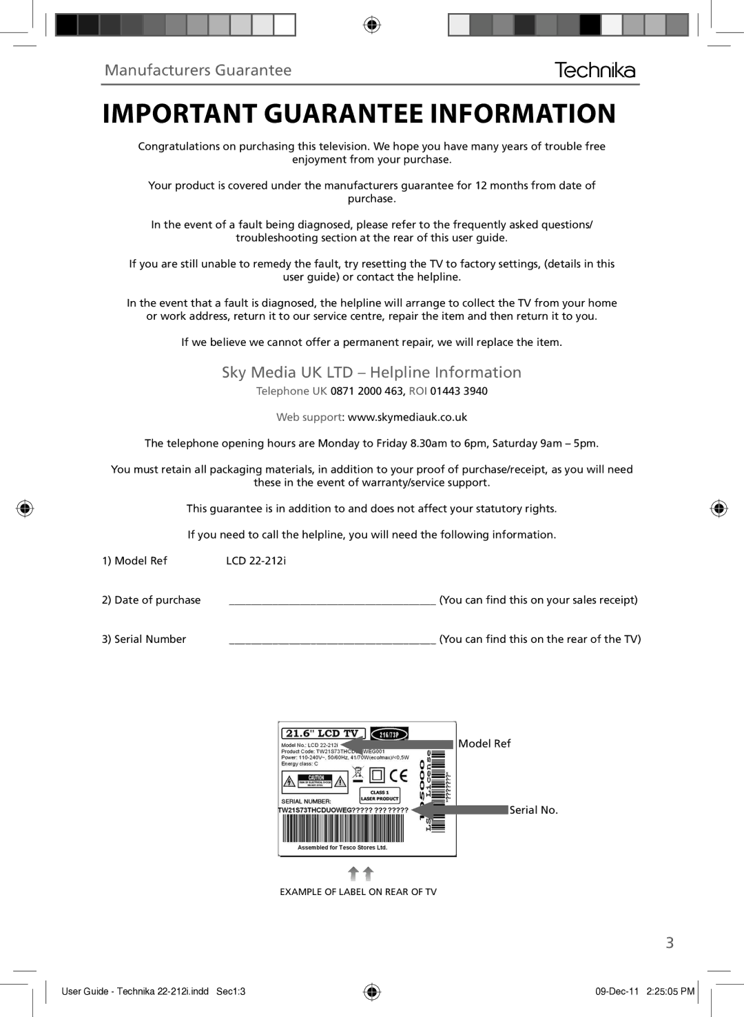 Technika 22-212i manual Important Guarantee Information, Manufacturers Guarantee 