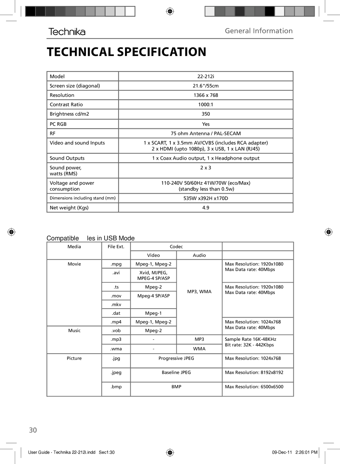 Technika 22-212i manual Technical Specification, Pc Rgb 