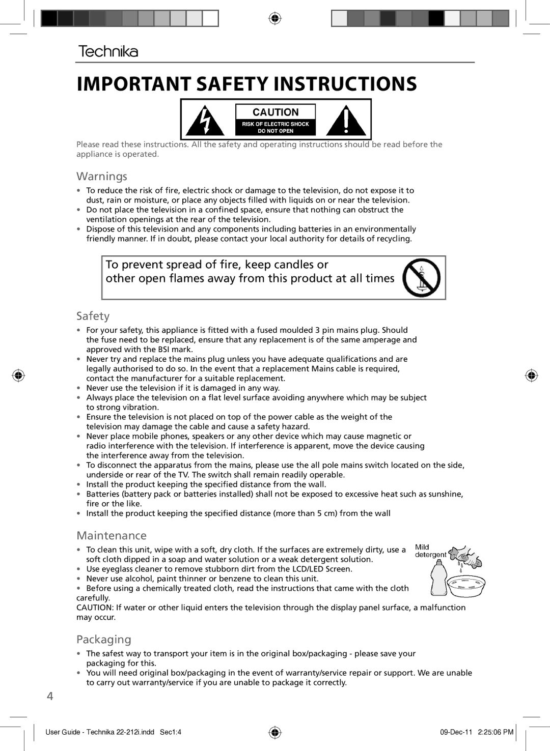 Technika 22-212i manual Important Safety Instructions, Maintenance, Packaging 