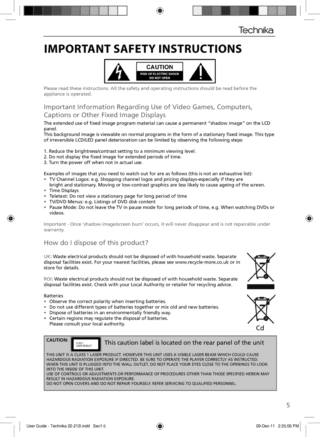 Technika 22-212i manual How do I dispose of this product?, This caution label is located on the rear panel of the unit 