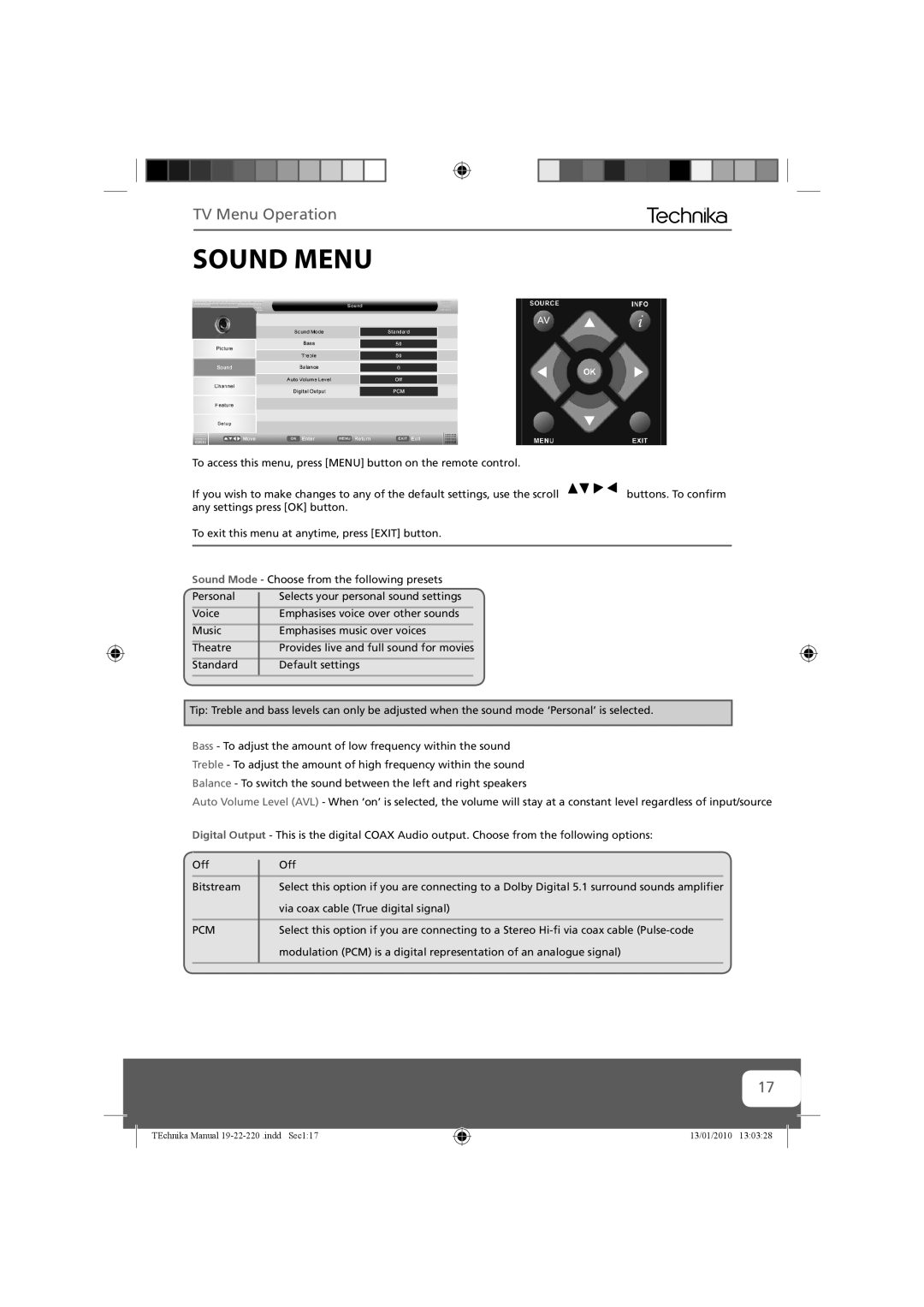 Technika 19-220, 22-220 manual Sound Menu, Pcm 